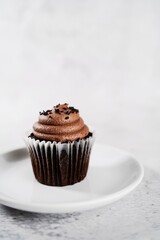 Chocolate cupcake served in on a  plate, selective focus