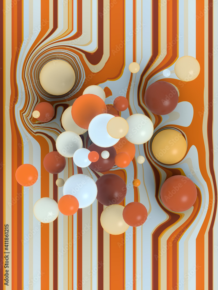 Fototapete Multi colored pattern with group of balls on a striped distorted surface. Modern design element. 3d render illustration