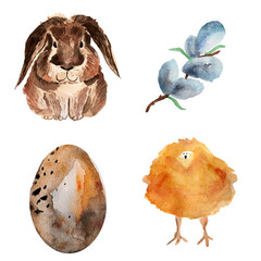 Easter set rabbit, chicken, egg and willow. Template for decorating designs and illustrations.
