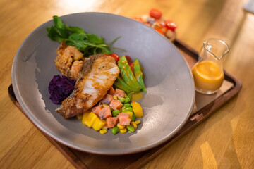 grilled salmon steak eat with salad
