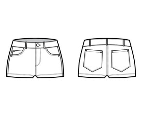 Denim hot short technical fashion illustration with micro length, curved, coin, angled 5 pockets, low waist. Flat bottom apparel template front, back, white color style. Women, men, unisex CAD mockup