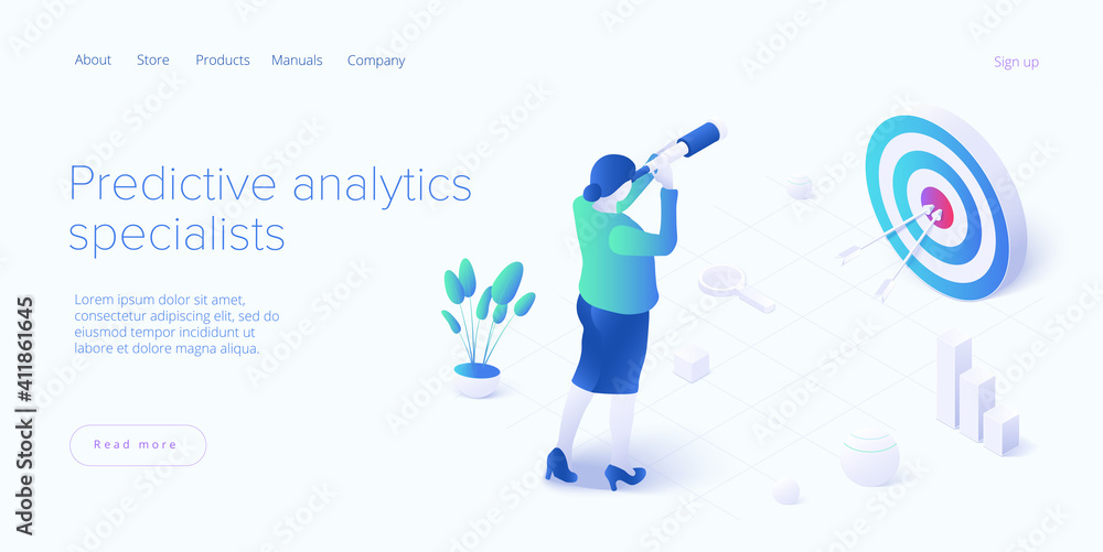 Poster predictive analytics in isometric vector illustration. business forecasting as strategic method of f