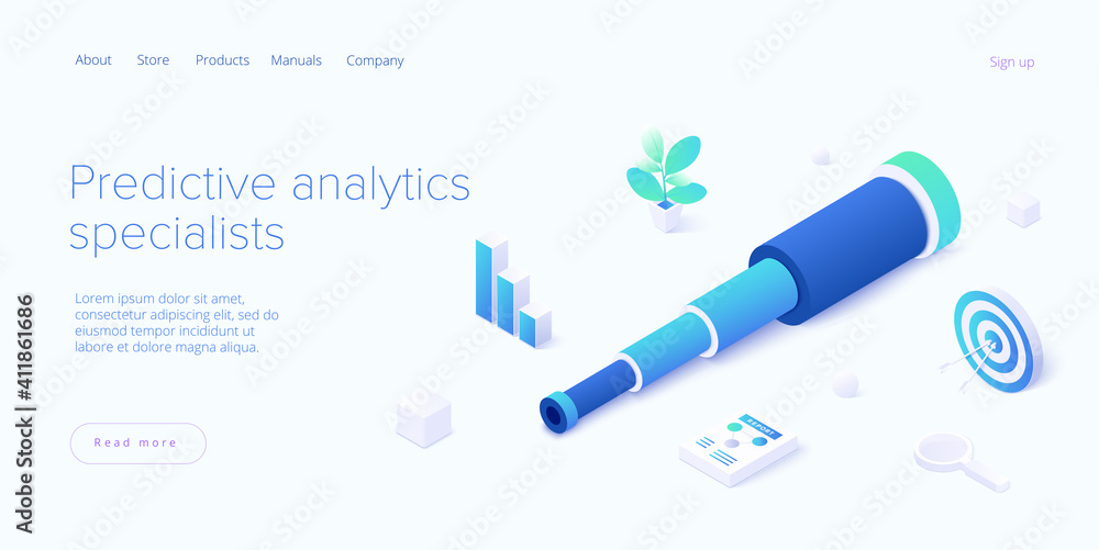 Poster predictive analytics in isometric vector illustration. business forecasting as strategic method of f
