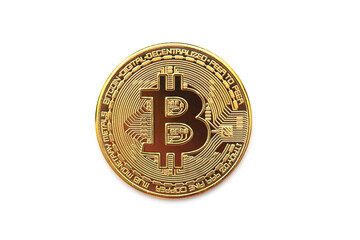 Golden Bitcoin symbol, round coin as cryptocurrency, digital money, isolated on white