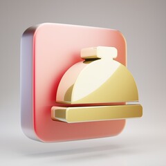 Concierge Bell icon. Golden Concierge Bell symbol on red matte gold plate.