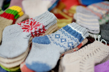 Colorful knitted socks sold on Easter market in Vilnius. Annual spring fair hold in March on the streets of capital of Lithuania.