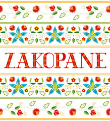 Zakopane, Poland illustration vector. Red and white background with traditional floral pattern from polish embroidery ornament for travel banner, tourist postcard, souvenir card design. - 411862217