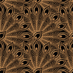 Peacock feathers luxury pattern seamless. Oriental gold black royal background vector. Vintage design for gift wrapping paper, beauty spa, yoga wallpaper, wedding party, birthday package, backdrop. - 411862250