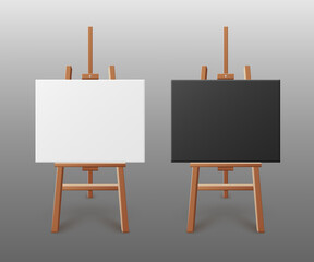Black and white blank canvas on easel realistic vector illustration isolated.