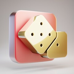 Dice icon. Golden Dice symbol on red matte gold plate.