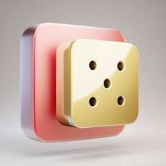Dice Five icon. Golden Dice Five symbol on red matte gold plate.