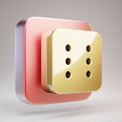 Dice Six icon. Golden Dice Six symbol on red matte gold plate.
