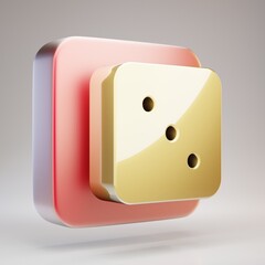 Dice Three icon. Golden Dice Three symbol on red matte gold plate.