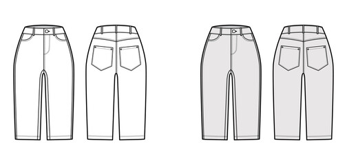 Denim short pants technical fashion illustration with knee length, high rise, curved, coin, angled 5 pockets. Flat breeches bottom template front, back, white grey color style. Women, men CAD mockup