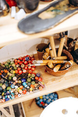 Interior of the Creative pottery studio with elements of pottery and tools for decoration