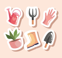 bundle of six gardening tools icons vector illustration design