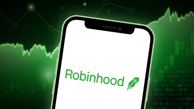 Robinhood stock market vector illustration, with iPhone splash screen. Bullish green.
