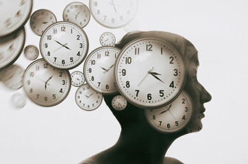 Multi exposure with woman portrait and clocks. Time management and deadlines concept.