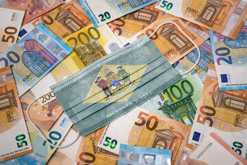Medical mask with the flag of Delaware on a variety of european banknotes.(series)