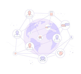 Social network concept with various icons on Earth background. Vector illustration modern style 