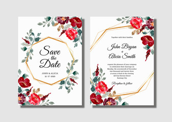 Wedding invitation card set with burgundy floral watercolor