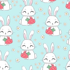 Seamless pattern Cute Bunny with strawberry and flowers vector, children print design rabbit