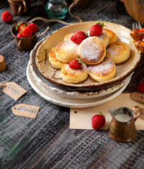 tasty fried cottage cheese pancakes (syrniki) on ceramic plate with powdered sugar and strawberries on top. morning food. selective focus