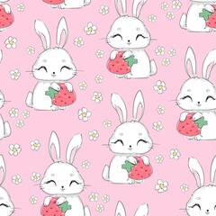 Seamless pattern Cute Bunny with strawberry and flowers vector, children print design rabbit