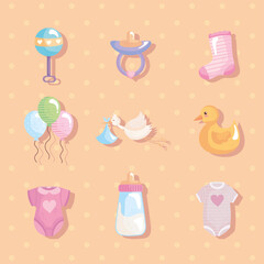 bundle of nine baby shower set icons vector illustration design