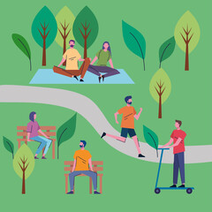 Obraz na płótnie Canvas young people practicing activities in the park characters vector illustration design