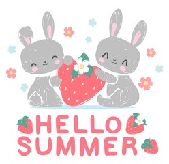 Obraz na płótnie Canvas Hand Drawn Cute Bunny with strawberry and leaves vector, children print design rabbit illustration