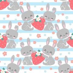 Seamless pattern Cute Bunny with strawberry berry and flowers vector, children print design rabbit
