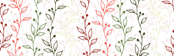 Berry bush branches botanical vector seamless ornament. Minimalist herbal graphic design. Wild plants leaves and stems wallpaper. Berry bush sprigs linear repeating background