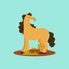 Cartoon character of pony standing on grass flat vector illustration isolated.