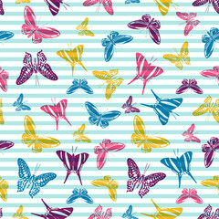 Flying butterfly silhouettes over striped background vector seamless pattern.