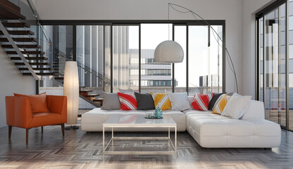 Large luxury modern minimal bright interiors room mockup illustration 3D rendering