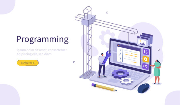 People Characters Developing new Software on Laptop.  Developers Team Programming and Coding Program Code Together. Development Process Concept. Flat Isometric Vector Illustration.