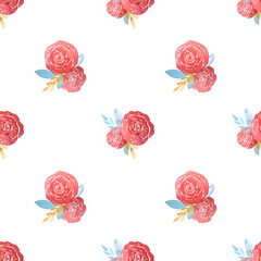 Seamless pattern with watercolor red roses in a modern style on a white background. Print with watercolor dusty red roses and blue foliage.

