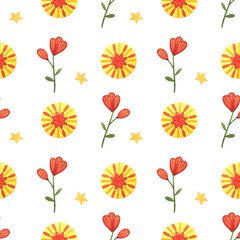 Seamless pattern with watercolor sun and flowers on a white background. Bright print with red flowers and decorative sun with an ornament.
