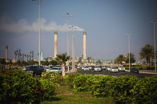 Jeddah, Saudi Arabia, King Abdul Aziz road . Saudi cars, business background for KSA