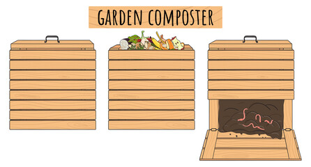 Set of garden wood composting bins. Garden fertilizer organic with worms. Recycling organic waste. Sustainable living concept