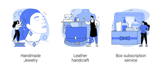 Handmade products and shopping service abstract concept vector illustration set. Handmade Jewelry, leather handcraft, box subscription service, artisan goods, custom order delivery abstract metaphor.