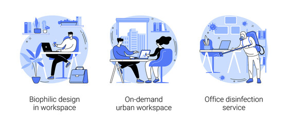 Working conditions abstract concept vector illustration set. Biophilic design in workspace, on-demand urban workplace, office disinfection service, employee safety, nature abstract metaphor.