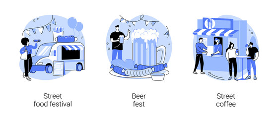 Urban culinary event abstract concept vector illustration set. Street food festival, beer fest, street coffee, food truck, hot drinks, craft brewing, neighbourhood entertainment abstract metaphor.