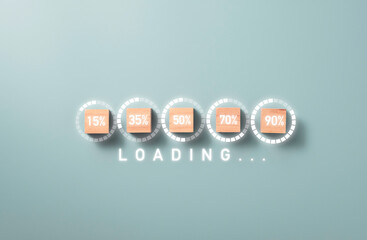 Loading percentage print screen on wooden cube block with blue background , Electronic download...