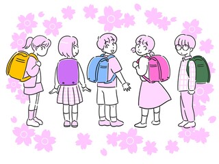 桜とランドセルを背負ったこどもたち