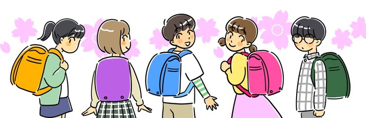 桜とランドセルを背負ったこどもたち
