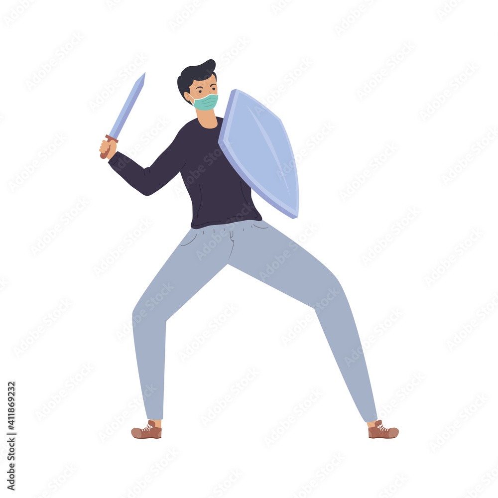 Poster man with shield and sword fighting vs covid19