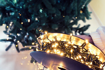 preparing the lights on the Christmas tree