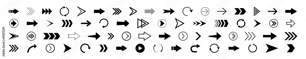 Poster arrow icon. set of right arrows. icons for button of next, forward, down, up, back and rewind. symbo